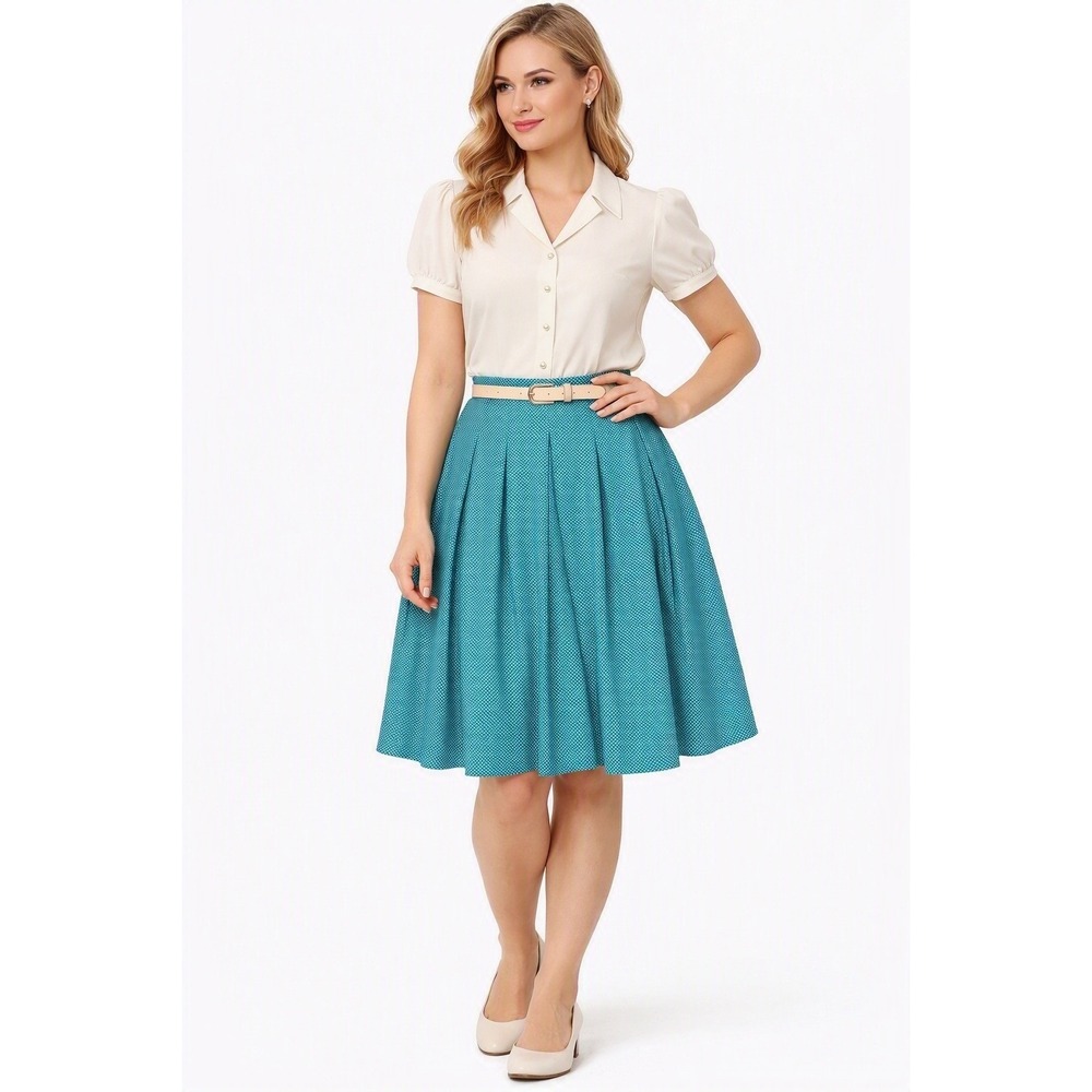 Talbots Teal Pleated Skirt 2P Polka Dot A‑Line Midi Classic Retro Style